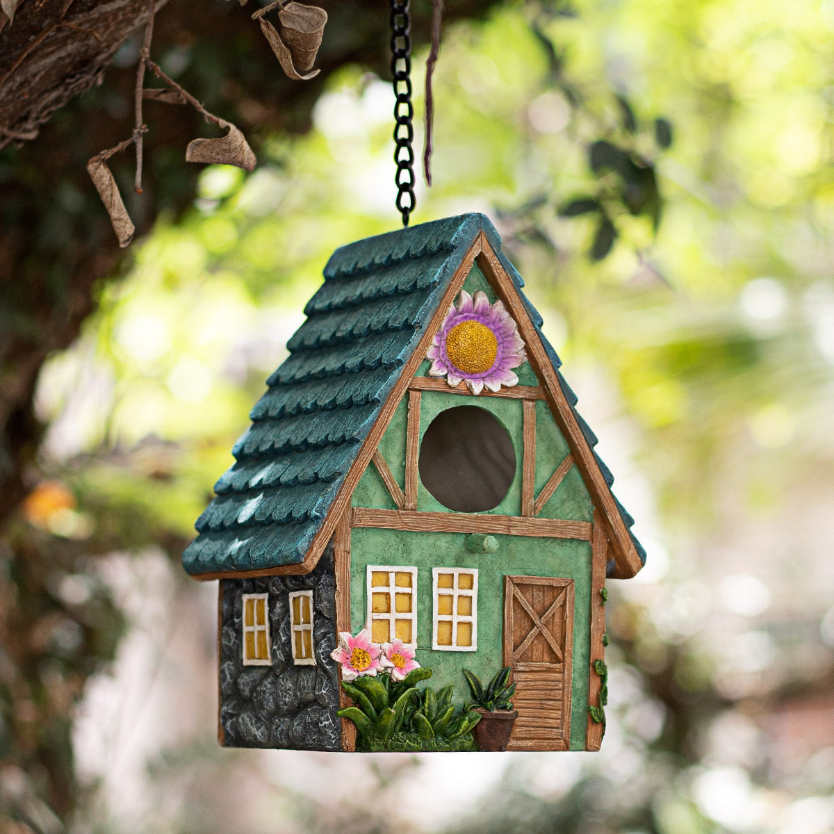 Hanging Birdhouse with Charming Windows and Potted Plants - NatureHomeDeco